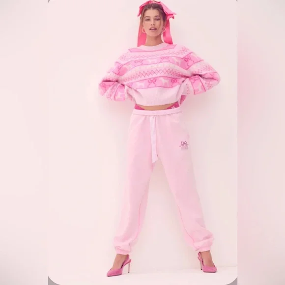 PINK X LoveShackFancy c Pink Fair isle Crew Boxy Full Sleeve Sweater- S - Picture 6 of 7